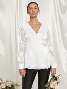 MaterniChic 孕妇派对 V 领蝴蝶结腰部网眼长袖长款孕妇连衣裙上衣 - 白色 - 查看 4