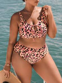 SHEIN Swim Curve 大码女式豹纹前系带比基尼曲线上衣和比基尼下装夏季 - 彩色 - 查看 6