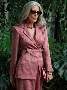 SHEIN LUNE 花卉提花双排扣日常西装外套 - 紅色 - 查看 7