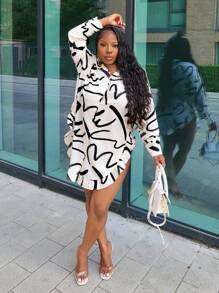 Slaydiva Elegantes Sommer Urlaubshemd mit weiter Passform, asymmetrischem Saum und Allover-Muster mit Langarm