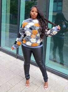 Slaydiva Autumn And Winter Casual Street Round Neck Long Sleeve Gray Bottom Colorful Three-Dimensional Tweed Velvet Feel Knitted Fabric Women's Sweatshirt-C