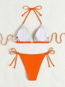 SHEIN Swim Conjunto de bikini naranja unicolor con cuello de halter y lazo, sexy para verano y playa, traje de baño - Naranja - Ver 2