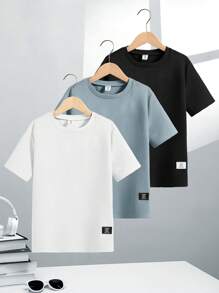 SHEIN 3pcs Teen Boys' All-Match Solid Color Textured Round Neck Short Sleeve Knit T-Shirt Set, Spring/Summer, Basic Top, School, Campus, College