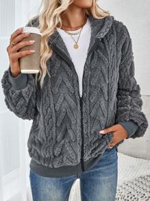 EMERY ROSE Grey Plush Texture Long Sleeve Zippered Hooded Jacket In Fall/Winter - Dark Grey - View 4