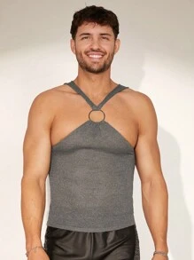 Manfinity Fever City Men Ring Detail Solid Sleeveless Sweater Vest - Grey - View 8
