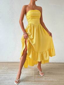 Allurite Ladies' Asymmetrical Ruffled Hem & Ruched Strapless Vacation Casual Dress, Yellow Women Dresses - Yellow - View 4