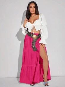 SHEIN SXY Solid Color High Side Slit Hem Skirt Spring Summer Birthday Beach Vacation Boho Western Wear - Hot Pink - View 3