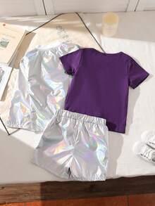 Conjunto casual de hip-hop y streetwear Harajuku para niños con láser plateado/morado deportivo en la nueva llegada de otoño, que incluye 3 piezas - Multicolor - Ver 2