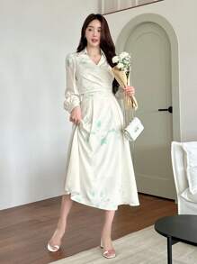 DAZY 花卉印花翻领长袖衬衫和裙子，适合日常穿着，女士两件套，秋季女装 - 綠色 - 查看 1