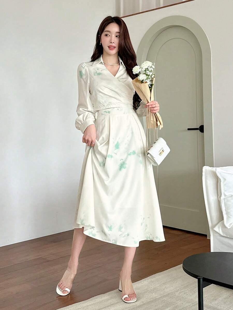 DAZY 花卉印花翻领长袖衬衫和裙子，适合日常穿着，女士两件套，秋季女装 - 綠色 - 查看 1