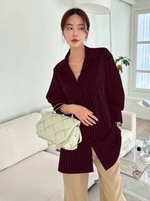 DAZY Striped Print Drop Shoulder Shirt,Long Sleeve Tops,Fall Clothes - Burgundy - View 5