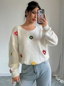 Chiquease Women's Loose Fit Drop Shoulder Sweater With 3D Flower Decoration For Spring And Autumn Knit Pullover Fall Winter Outfit - White - View 3