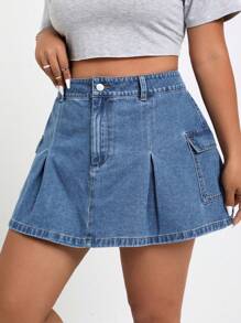 SHEIN EZwear Coolmax Plus Size Denim Workwear Pencil Skirt With Pocket - Medium Wash - View 3