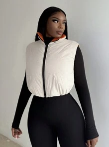 Slaydiva 简约街头风保暖秋冬高领无袖拉链背心棉服外套，两穿两用，女士棉服外套-B - 卡其色 - 查看 3