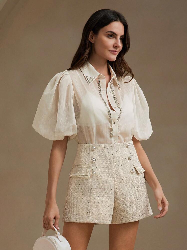 Fashionable & Versatile Tweed Pearl Double-Breasted Shorts, Slimming Urban Design For Women