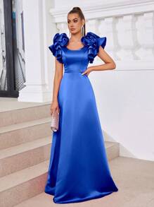SHEIN Belle Vestido de princesa elegante y grácil con escote cuadrado decorado con flores 3D de satén, diseño en línea A, perfecto para ceremonias de graduación y ocasiones formales como bodas y cenas. - azul real - Ver 6