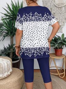 Floral Print Color Block Round Neck Short Sleeve T-Shirt And Leggings 2pcs Plus Size Outfit For Women, Casual, For Summer