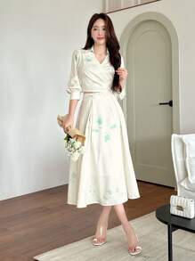 DAZY 花卉印花翻领长袖衬衫和裙子，适合日常穿着，女士两件套，秋季女装 - 綠色 - 查看 7