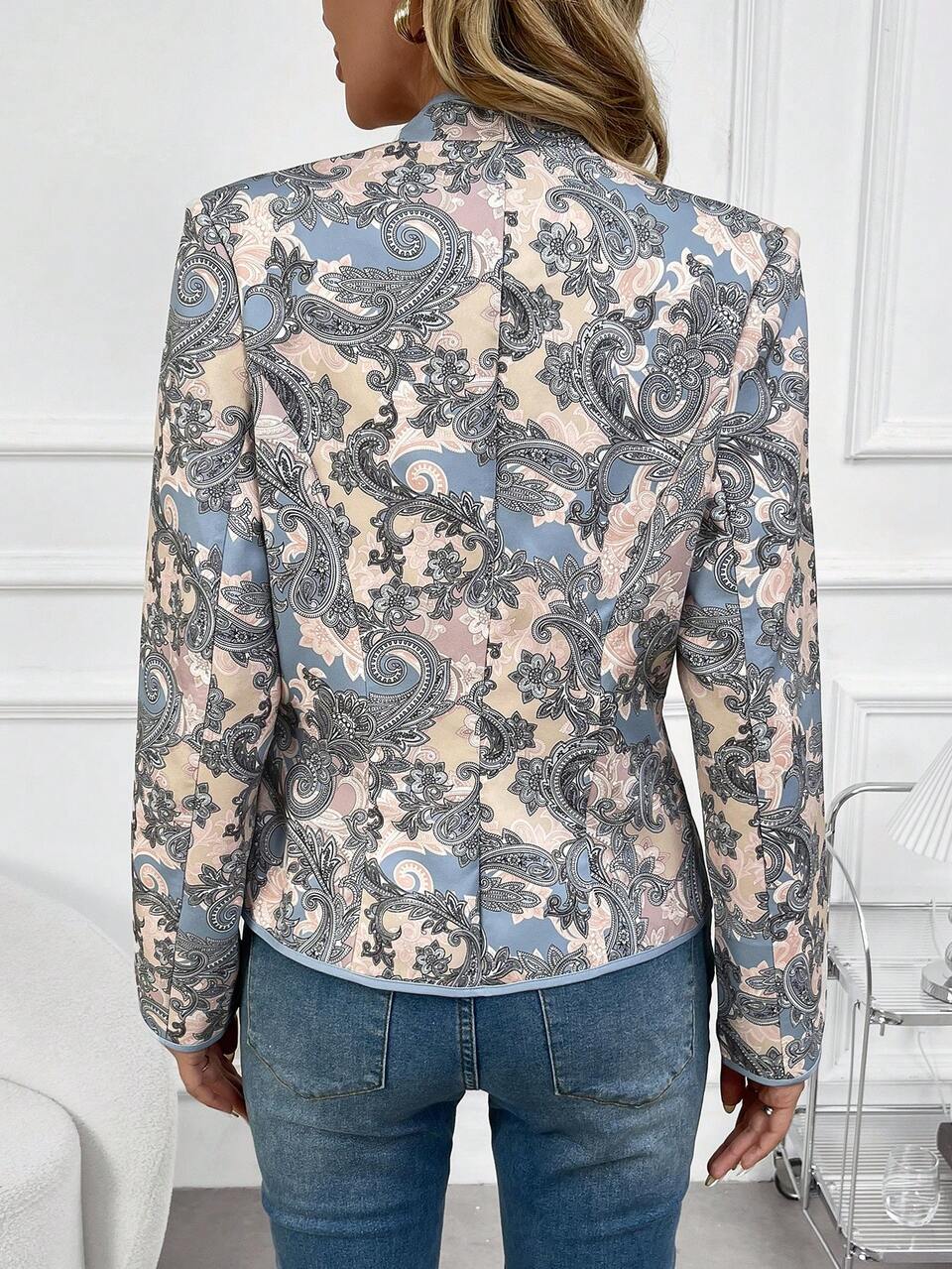 Women's Floral Printed Notch V-Neck Elegant Long Sleeve Jacket For Spring And Autumn