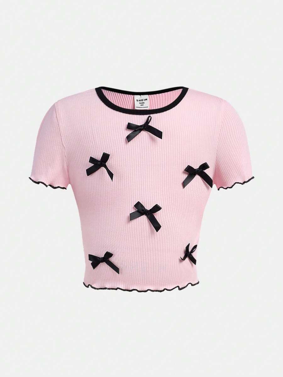 SHEIN Leap Crew 粉色無紋帶蝴蝶結裝飾少女短袖甜美T恤 - 彩色 - 查看 1