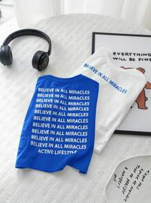 SHEIN 2 chiếc bé trai thể thao thông thường phong cách đường phố đi nghỉ mát in hình tiếng Anh áo thun ngắn tay cổ tròn thả dáng rộng rãi (1 xanh + 1 trắng), thích hợp mặc hàng ngày, đi học, du lịch, thể thao, Xuân/Hè - Màu xanh lam - Xem 7