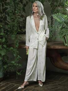 SHEIN LUNE Fall Light Green Paris Postmark Print Natural Shell Buttons Casual Simple Ultra Loose Women's Semi-Transparent Chiffon Wide-Leg Pants - Multicolor - View 5