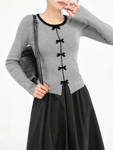 Áo len dài tay họa tiết nơ 3D tương phản màu sắc sang trọng tôn dáng cho nữ, mùa thu, mặc hàng ngày, hẹn hò, đi làm, Giáng sinh - Xám - Xem 4