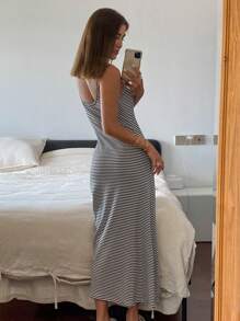 DAZY Striped Spaghetti Strap Dress With Waist Belt For Women Sundress,Casual Women Dresses Maxi Dress - Black - View 2