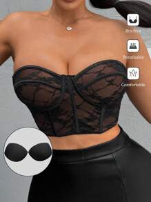 SHEIN x Marika Sila SHEIN SXY Breast Cup Corset Top Grace  Holiday Party Women's Mesh Bone Pressing Strapless Top For Summer - Black - View 1