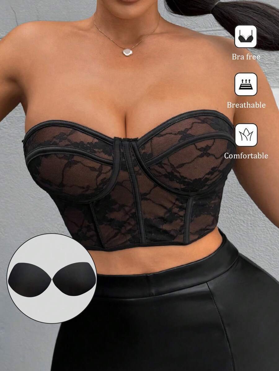 SHEIN x Marika Sila SHEIN SXY Breast Cup Corset Top Grace  Holiday Party Women's Mesh Bone Pressing Strapless Top For Summer - Black - View 1
