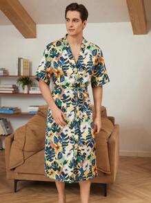 Men's Floral Print V-Neck Belted Short Sleeve Robe - Green - View 3