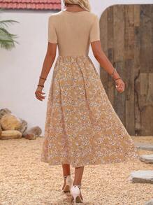 EMERY ROSE Contrast Ditsy Floral Print A-Line Dress For Summer Vacation Maxi Women Outfit - Khaki - View 2