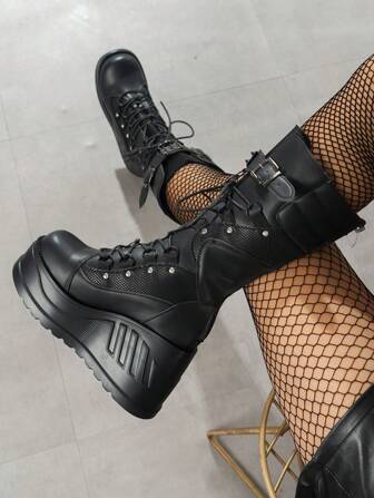 Fall/Winter 2025 Women's Cyberpunk Style Mid-Calf Boots, Comfortable And Fashionable, With Anti-Slip Round Toe, Side Zipper Closure, Lace-Up, Thick Heels And Platforms, Suitable For Outdoor Activities,Y2k Shoes