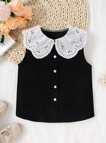 SHEIN 1 件年轻女孩夏季彼得潘领白衬衫，短袖 - 黑色 - 查看 1