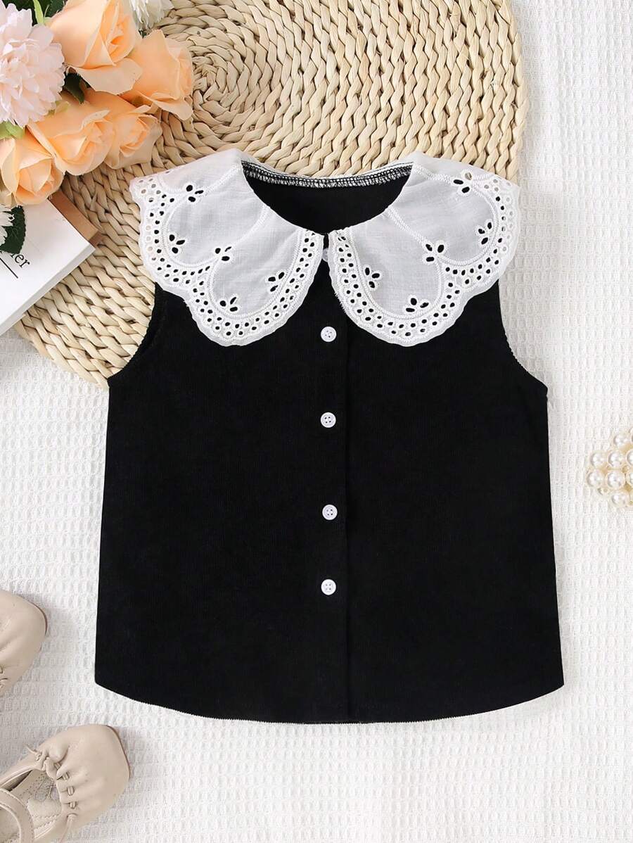 SHEIN 1 件年轻女孩夏季彼得潘领白衬衫，短袖 - 黑色 - 查看 1