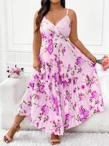 SHEIN Holidaya Váy hai dây xếp ly in hoa thanh lịch cỡ lớn, trang phục Maxi mùa hè cho nữ - Màu Lilac Tím - Xem 3