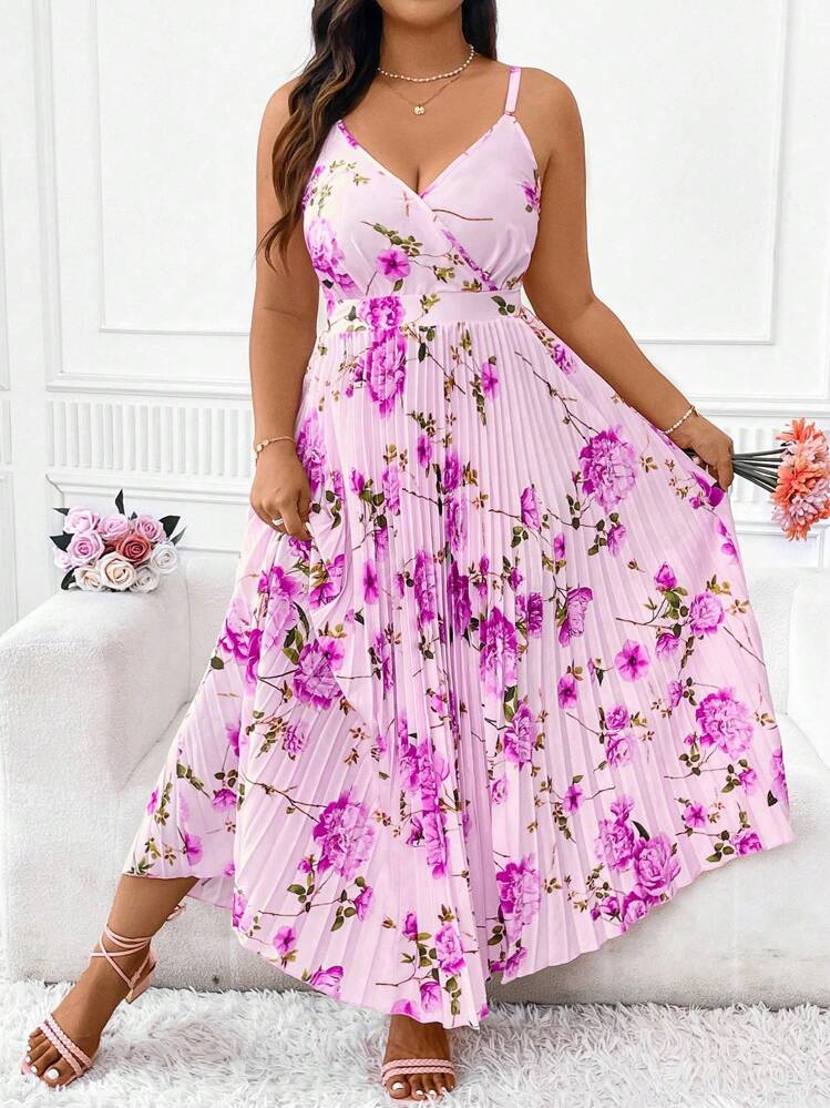 SHEIN Holidaya Váy hai dây xếp ly in hoa thanh lịch cỡ lớn, trang phục Maxi mùa hè cho nữ - Màu Lilac Tím - Xem 3