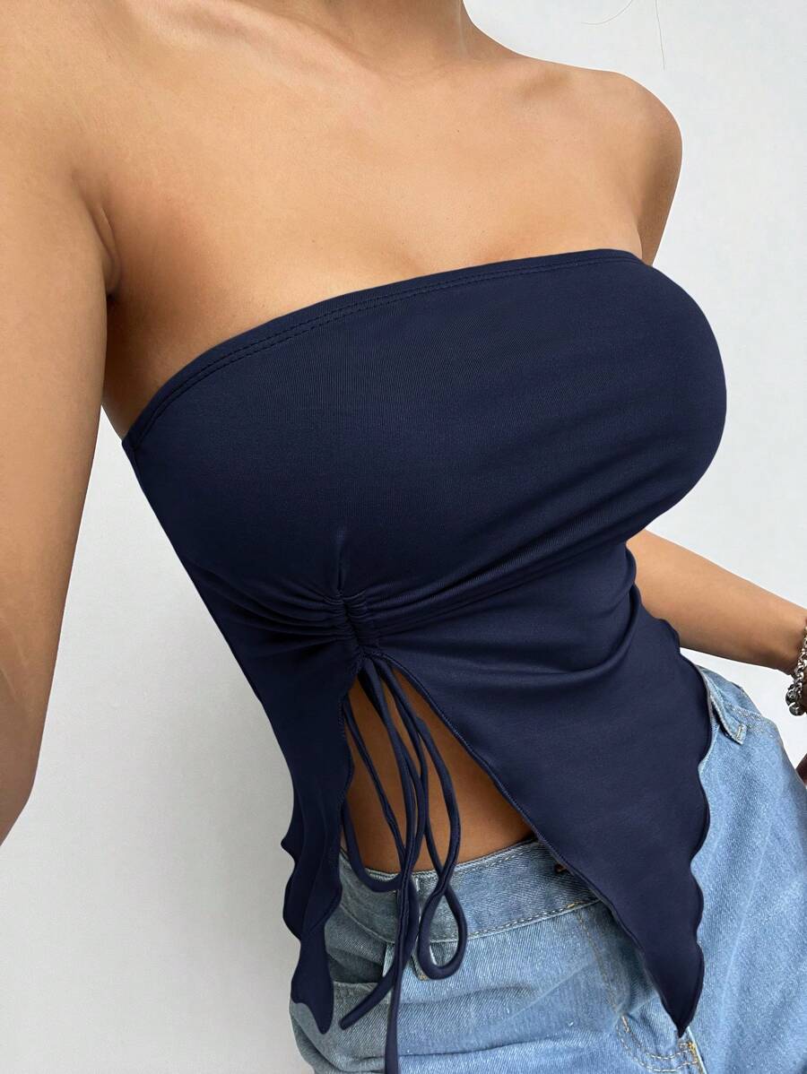 SHEIN EZwear 女式夏季休闲纯色露肩上衣,不对称下摆和抽绳 - 藏蓝色 - 查看 1