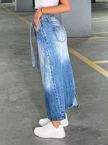 SHEIN Cottnline BELT AND SLIT DETAIL MAXI DENIM SKIRT - Medium Wash - View 5
