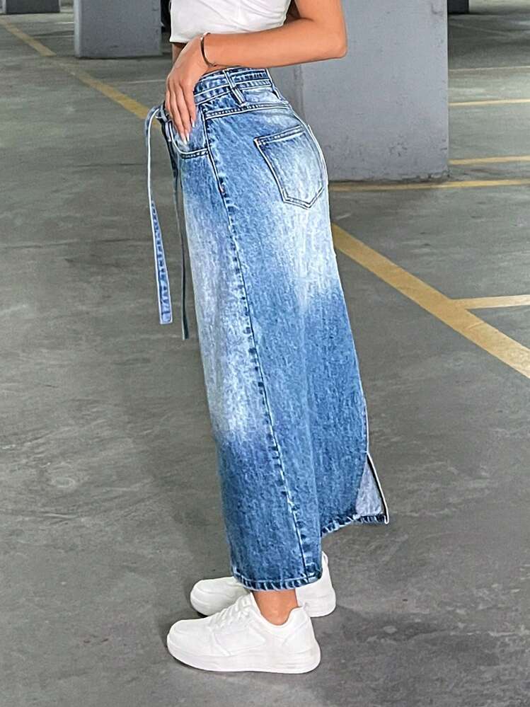 SHEIN Cottnline BELT AND SLIT DETAIL MAXI DENIM SKIRT - Medium Wash - View 5