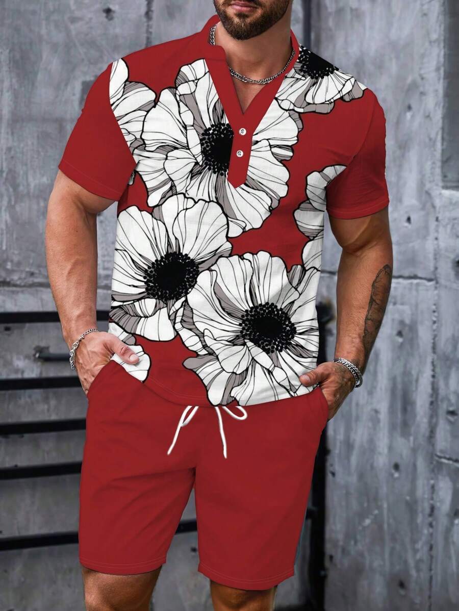 Men's Casual And Comfortable 3D Digital Print Polo Set - Multicolor - View 1