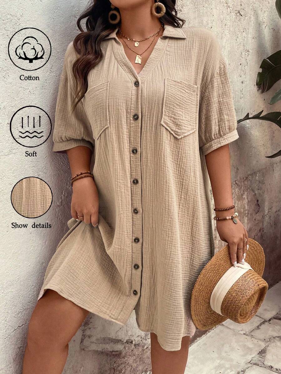 EMERY ROSE Plus Size Women's Elegant Daily Pure Cotton Solid Woven Button Down Dropped Shoulder Puff Sleeve Pocket V-Neck Collar Midi Dress, Summer - Camel - View 1