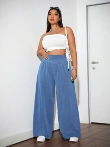 SHEIN ICON 大碼寬鬆闊腳牛仔褲，藍色 - 藍色 - 查看 3