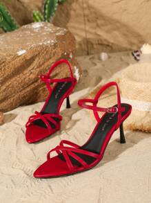 On feet& in love 女士时尚优雅尖头系带交叉细高跟凉鞋，适合礼服、婚礼 - 紅色 - 查看 5