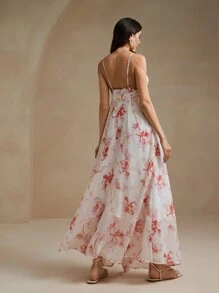 Anewsta Floral Print Sexy Backless Spaghetti Strap Dress With Ruffle Trim - White - View 6