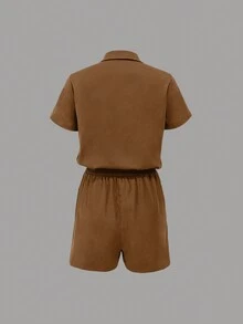 SHEIN LUNE Áo liền quần nữ có túi dây rút eo cho mùa hè - màu nâu - Xem 2