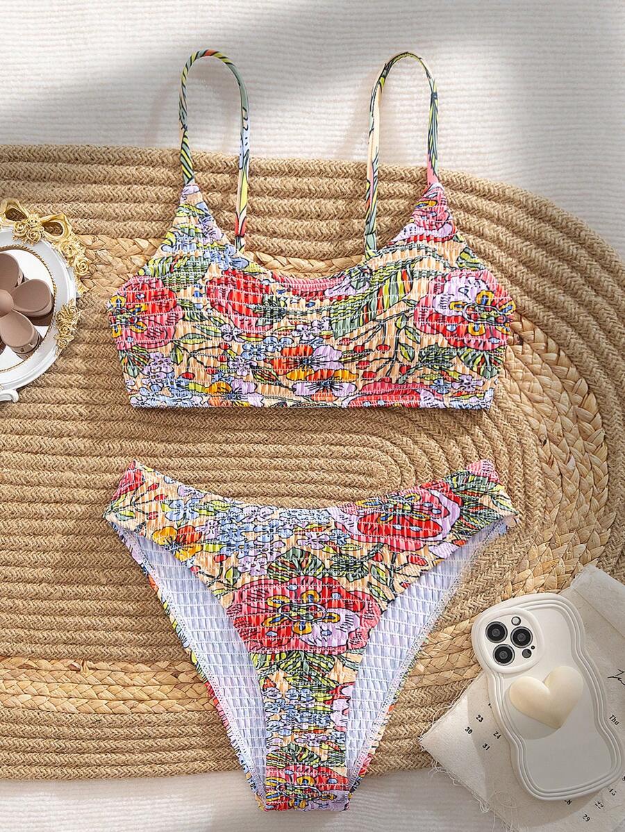 SHEIN Swim Ensemble de bikini sexy d'été pour femmes avec imprimé floral à col en ras-du-cou