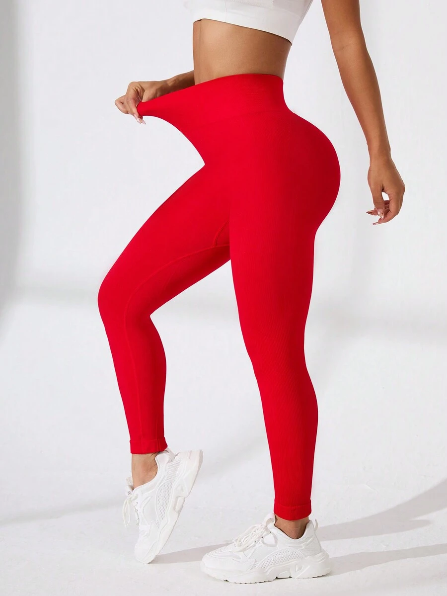 Women's Seamless High Waist Solid Color Sports Leggings - Red - View 1