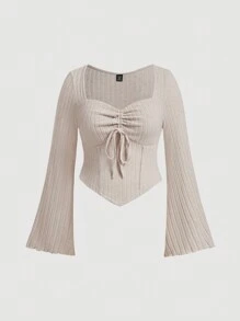 SHEIN MOD Talla grande Ajustable con cordón en la parte delantera con mangas acampanadas Quérele con ribete asimétrico en el dobladillo y bolsillo de copa reunido para la parte superior camiseta en color caqui