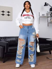 SHEIN EZwear Plus Size Women's Loose Fit Wide Leg Casual Boyfriend Jeans With Pockets And Distressed Details